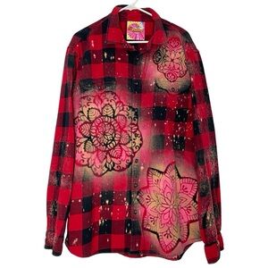 Handmade Floral Flannel Shirt Mens Size 3XL Unisex Bleached Plaid Button Down